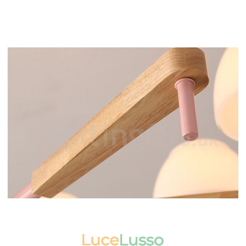 Lampadario a sospensione in legno macaron multicolore con 6 luci e 8 luci, paralumi in vetro, stile nordico