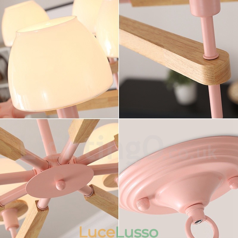 Lampadario a sospensione in legno macaron multicolore con 6 luci e 8 luci, paralumi in vetro, stile nordico
