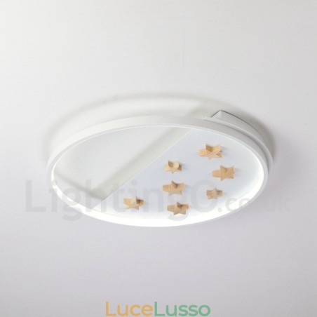 Lampada da soffitto rotonda in legno con stelle bianche dimmerabili, lampada da soffitto ultrasottile, utilizzabile anche come applique Lampada da soffitto rotonda in legno con stelle bianche dimmerabili, lampada da soffitto ultrasottile, utilizzabile anche come applique