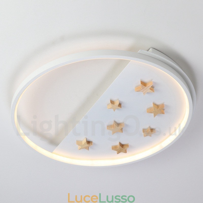 Lampada da soffitto rotonda in legno con stelle bianche dimmerabili, lampada da soffitto ultrasottile, utilizzabile anche come applique