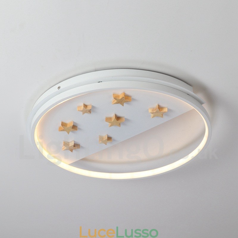 Lampada da soffitto rotonda in legno con stelle bianche dimmerabili, lampada da soffitto ultrasottile, utilizzabile anche come applique