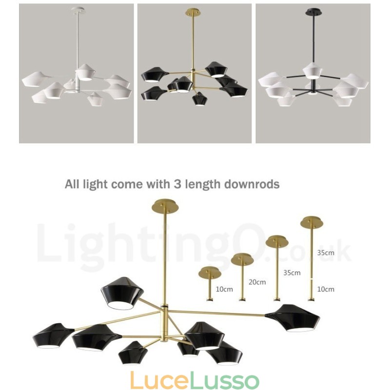 Lampadario moderno contemporaneo a tubi con paralumi in acrilico bianco e nero