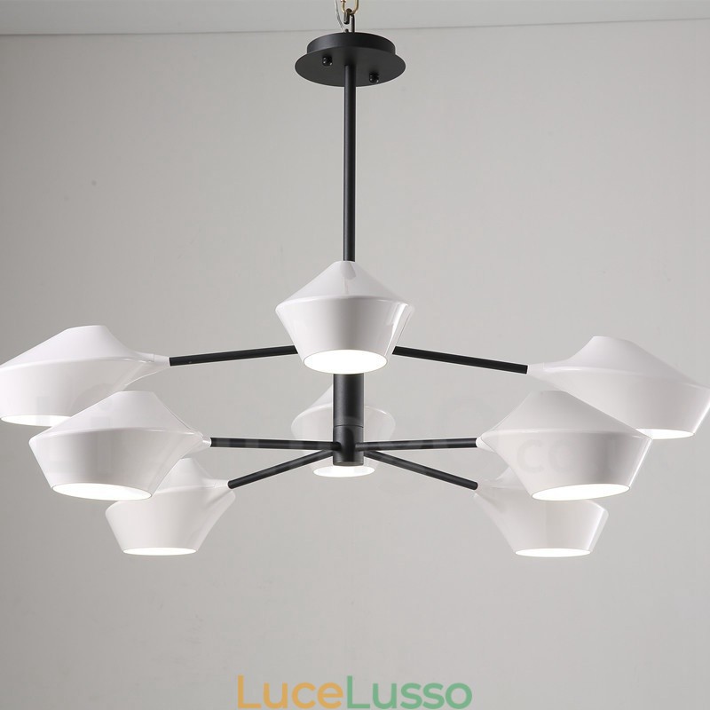 Lampadario moderno contemporaneo a tubi con paralumi in acrilico bianco e nero