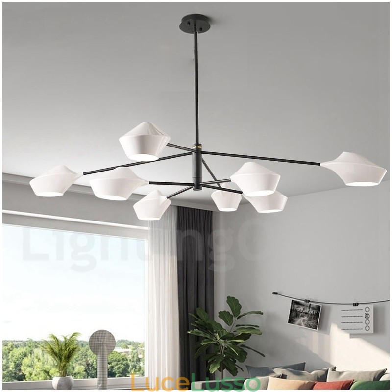 Lampadario moderno contemporaneo a tubi con paralumi in acrilico bianco e nero