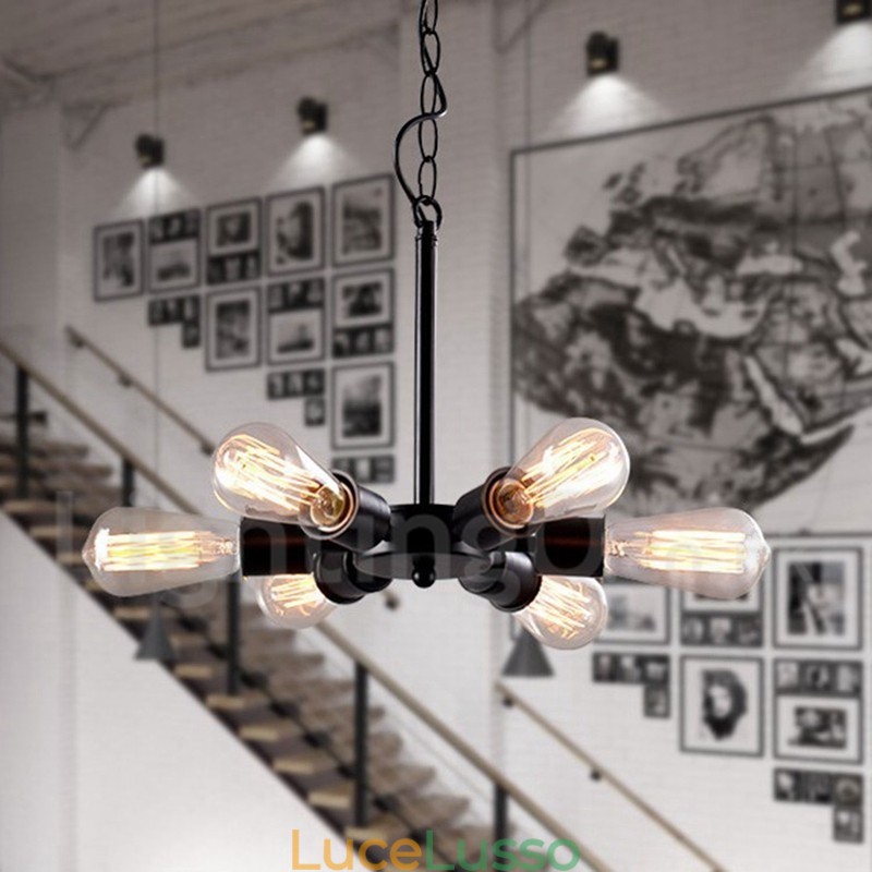 Lampada a sospensione rustica retrò vintage nera da 6 luci