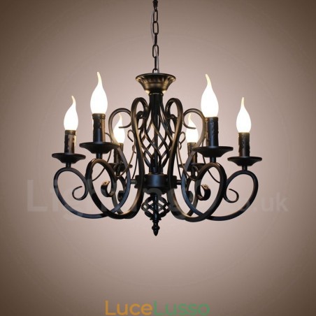 Lampadario a candela pendente rustico retrò vintage nero bianco a 6 luci Lampadario a candela pendente rustico retrò vintage nero bianco a 6 luci