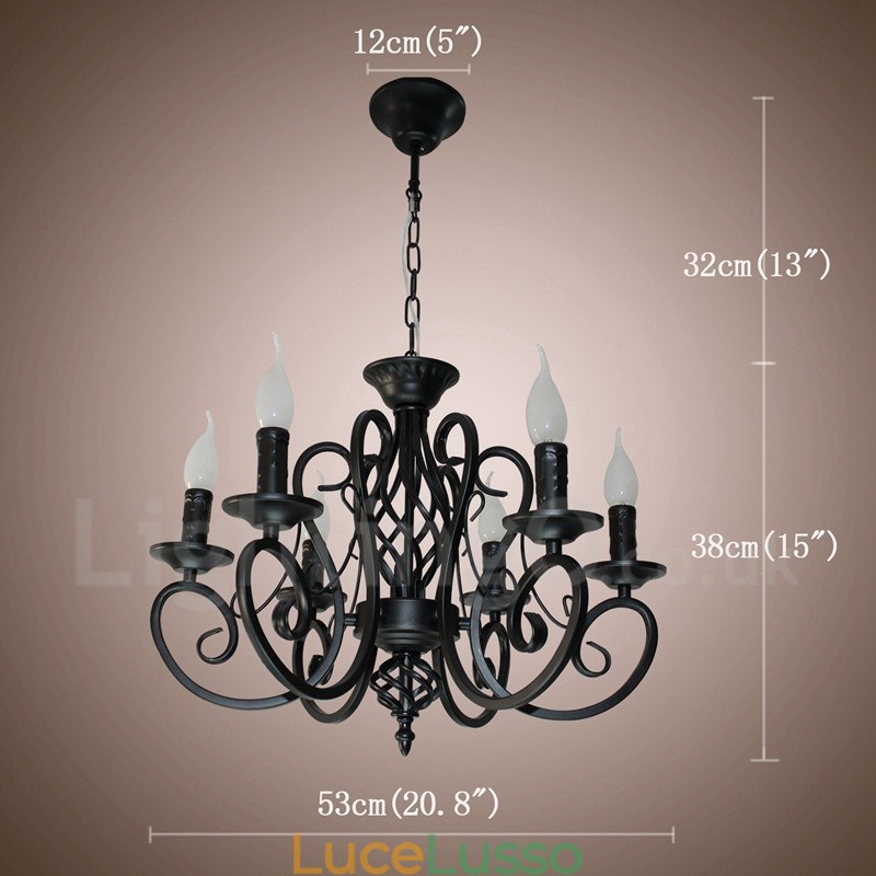 Lampadario a candela pendente rustico retrò vintage nero bianco a 6 luci