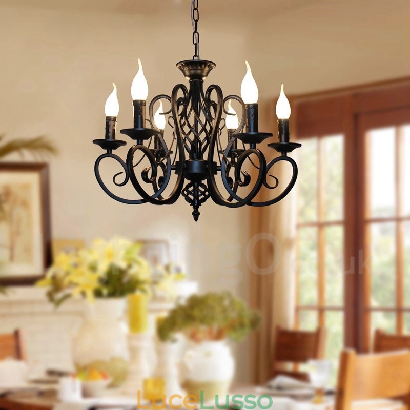 Lampadario a candela pendente rustico retrò vintage nero bianco a 6 luci