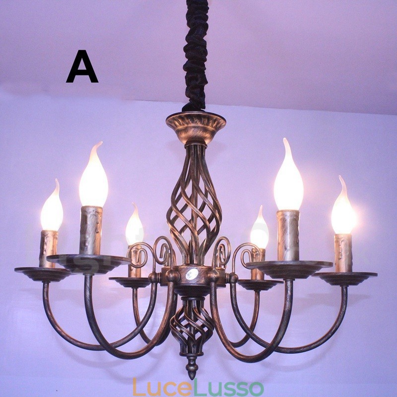 Lampadario a candela pendente rustico retrò vintage nero bianco a 6 luci