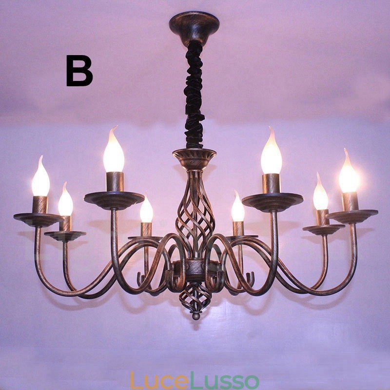 Lampadario a candela pendente rustico retrò vintage nero bianco a 6 luci