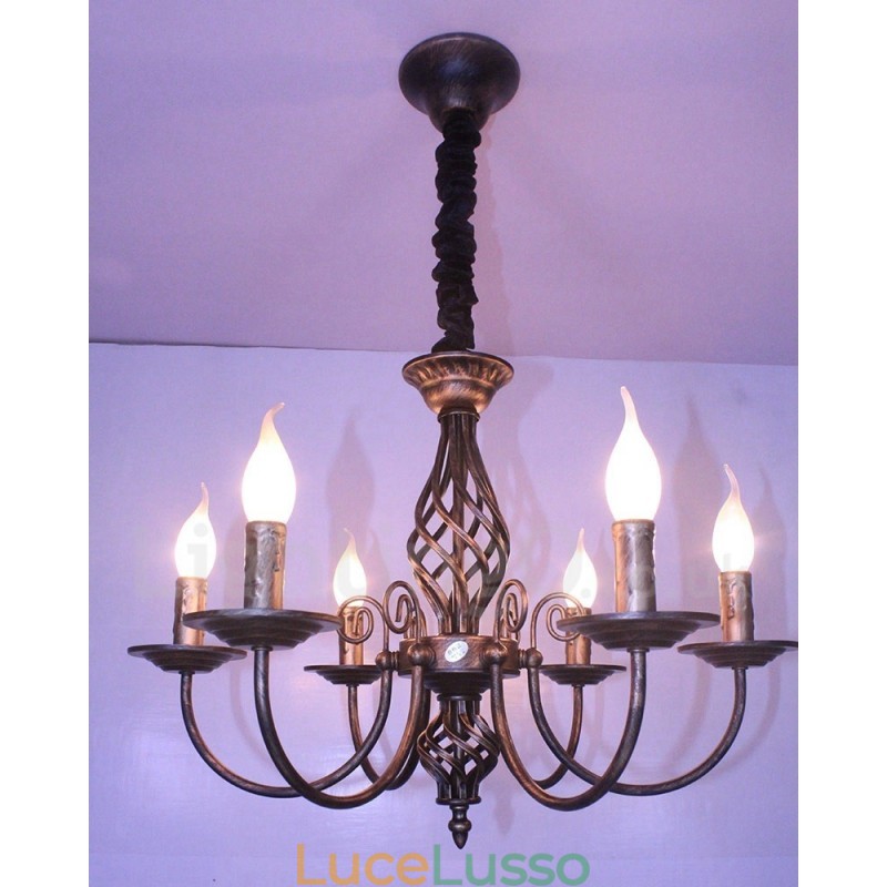 Lampadario a candela pendente rustico retrò vintage nero bianco a 6 luci