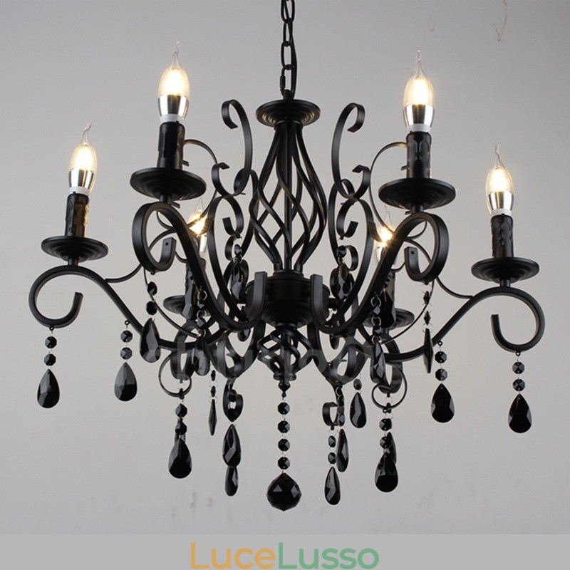 Lampadario a sospensione in cristallo rustico retrò vintage nero bianco blu con 6 luci