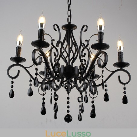 Lampadario a sospensione in cristallo rustico retrò vintage nero bianco blu con 6 luci Lampadario a sospensione in cristallo rustico retrò vintage nero bianco blu con 6 luci