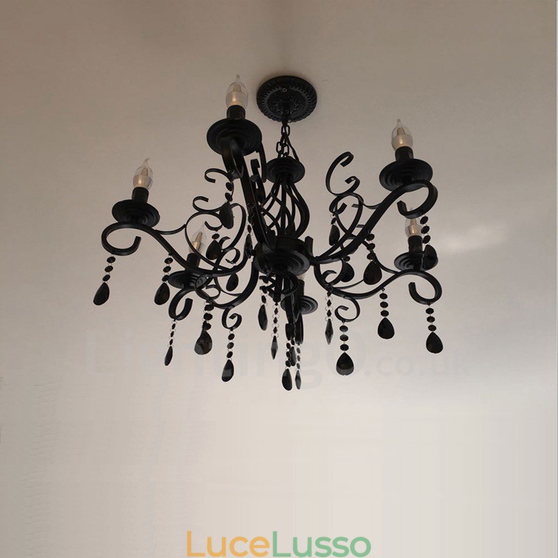 Lampadario a sospensione in cristallo rustico retrò vintage nero bianco blu con 6 luci