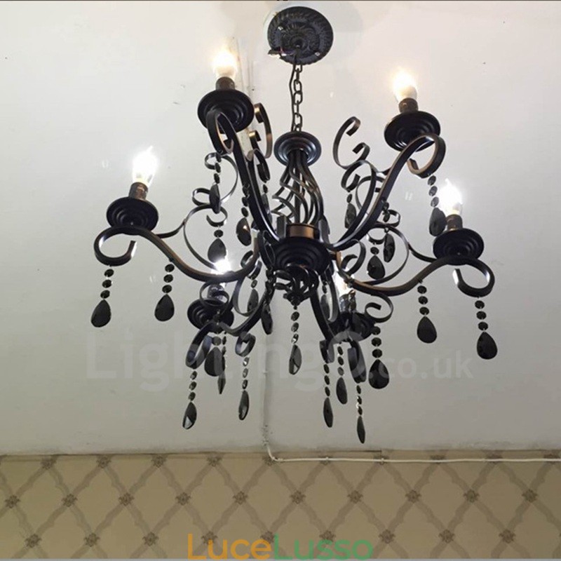 Lampadario a sospensione in cristallo rustico retrò vintage nero bianco blu con 6 luci