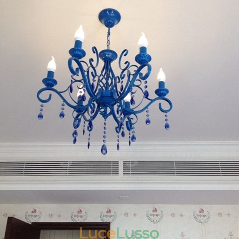 Lampadario a sospensione in cristallo rustico retrò vintage nero bianco blu con 6 luci