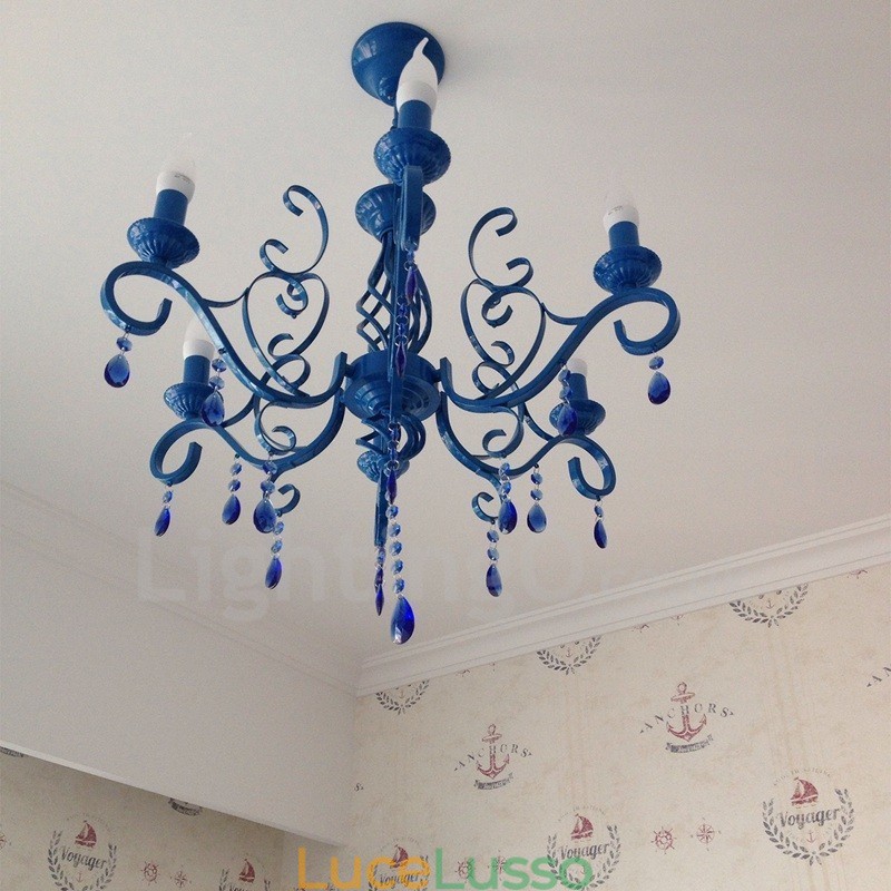 Lampadario a sospensione in cristallo rustico retrò vintage nero bianco blu con 6 luci