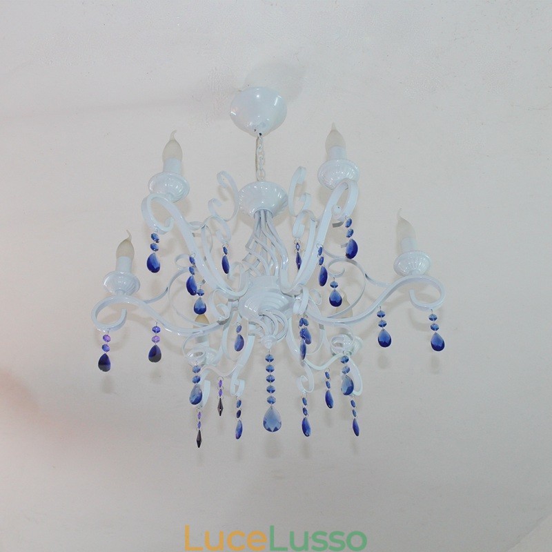 Lampadario a sospensione in cristallo rustico retrò vintage nero bianco blu con 6 luci