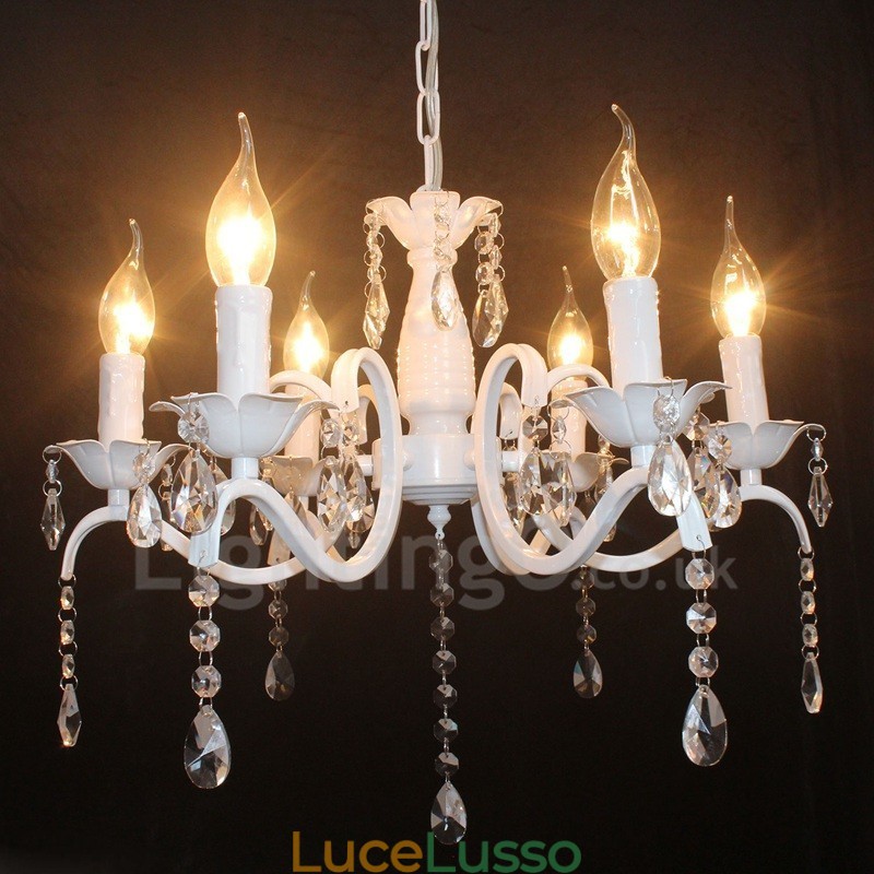 Lampadario a candela pendente bianco rustico retrò vintage in cristallo a 6 luci