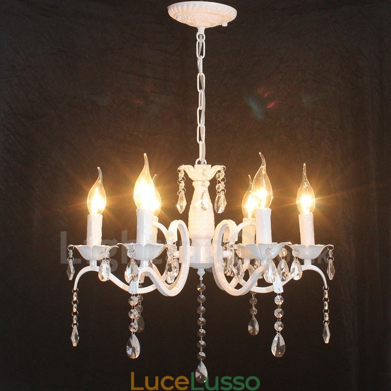 Lampadario a candela pendente bianco rustico retrò vintage in cristallo a 6 luci