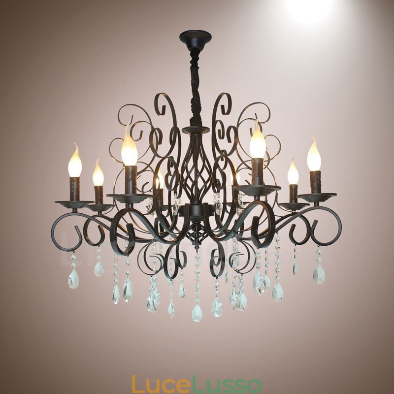 Lampadario a candela pendente vintage retrò rustico in cristallo a 8 luci
