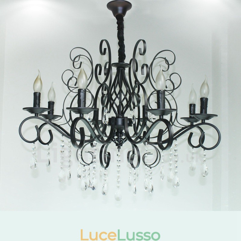 Lampadario a candela pendente vintage retrò rustico in cristallo a 8 luci