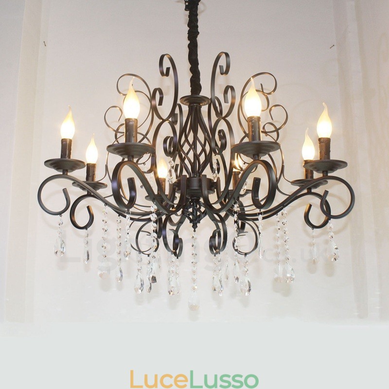 Lampadario a candela pendente vintage retrò rustico in cristallo a 8 luci