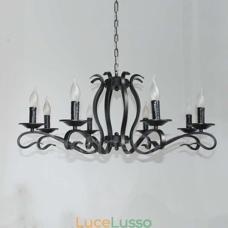 Lampadario a sospensione rustico retrò vintage nero a 8 luci