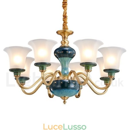 Lampadario a sospensione in ceramica in ottone retrò vintage con paralumi in vetro Lampadario a sospensione in ceramica in ottone retrò vintage con paralumi in vetro