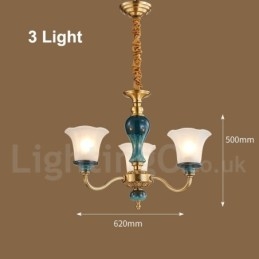 Lampadario a sospensione in ceramica in ottone retrò vintage con paralumi in vetro