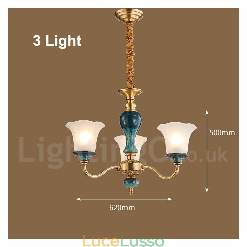 Lampadario a sospensione in ceramica in ottone retrò vintage con paralumi in vetro