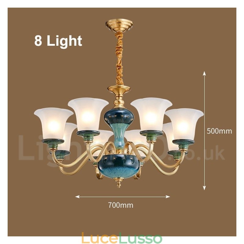 Lampadario a sospensione in ceramica in ottone retrò vintage con paralumi in vetro