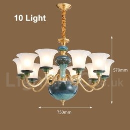 Lampadario a sospensione in ceramica in ottone retrò vintage con paralumi in vetro