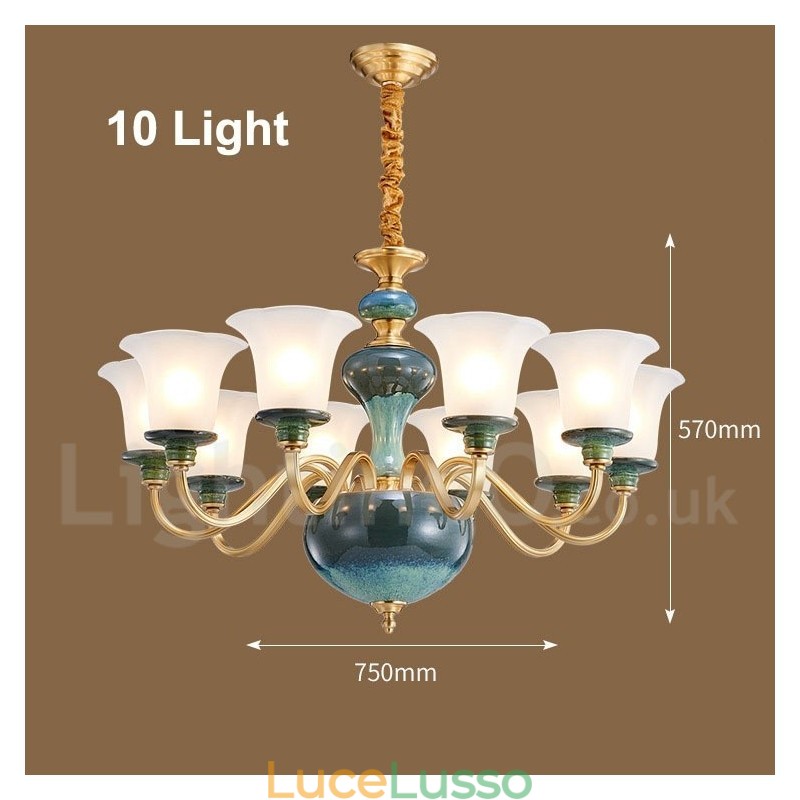 Lampadario a sospensione in ceramica in ottone retrò vintage con paralumi in vetro