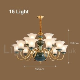 Lampadario a sospensione in ceramica in ottone retrò vintage con paralumi in vetro