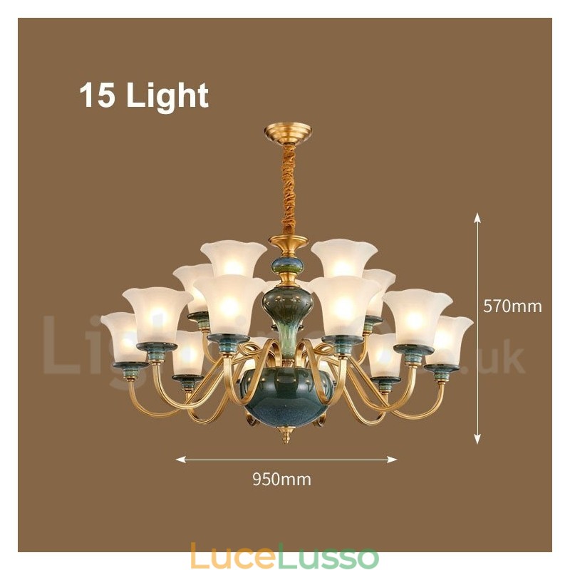 Lampadario a sospensione in ceramica in ottone retrò vintage con paralumi in vetro