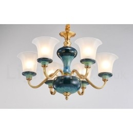 Lampadario a sospensione in ceramica in ottone retrò vintage con paralumi in vetro