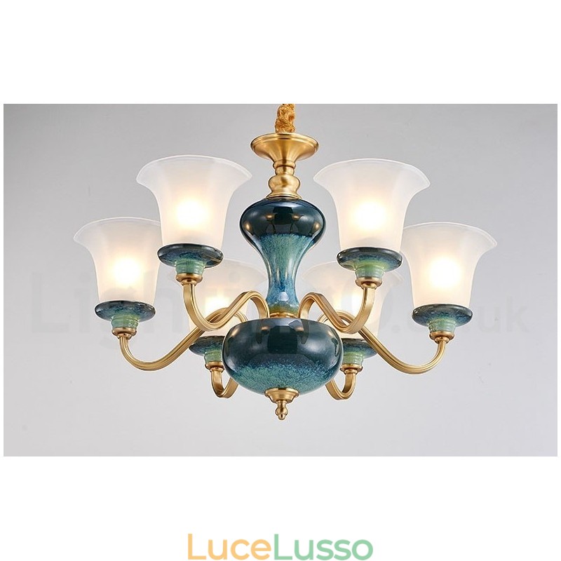 Lampadario a sospensione in ceramica in ottone retrò vintage con paralumi in vetro