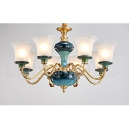 Lampadario a sospensione in ceramica in ottone retrò vintage con paralumi in vetro