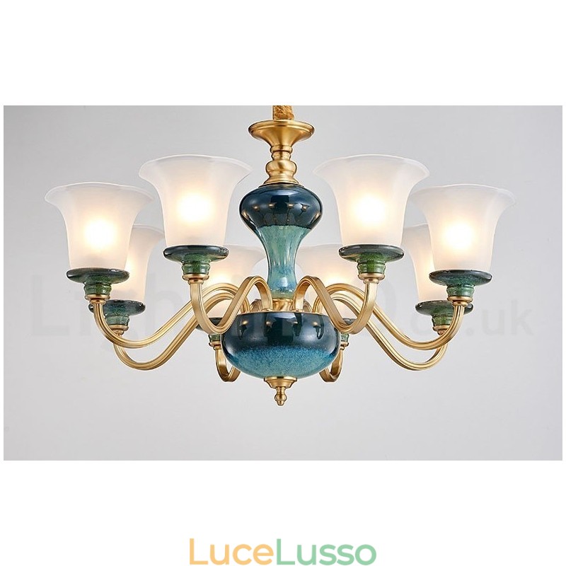 Lampadario a sospensione in ceramica in ottone retrò vintage con paralumi in vetro