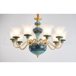 Lampadario a sospensione in ceramica in ottone retrò vintage con paralumi in vetro