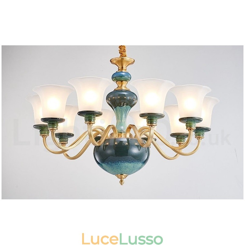 Lampadario a sospensione in ceramica in ottone retrò vintage con paralumi in vetro