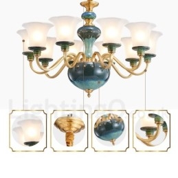 Lampadario a sospensione in ceramica in ottone retrò vintage con paralumi in vetro
