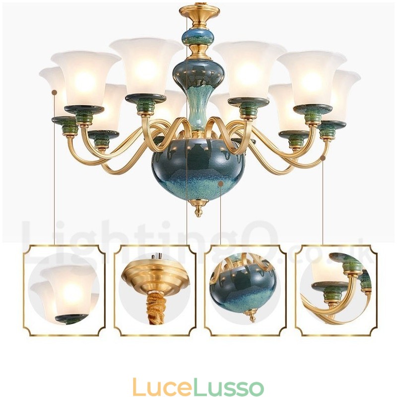 Lampadario a sospensione in ceramica in ottone retrò vintage con paralumi in vetro