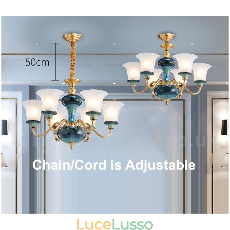 Lampadario a sospensione in ceramica in ottone retrò vintage con paralumi in vetro