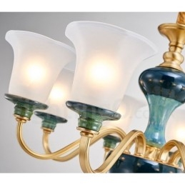 Lampadario a sospensione in ceramica in ottone retrò vintage con paralumi in vetro