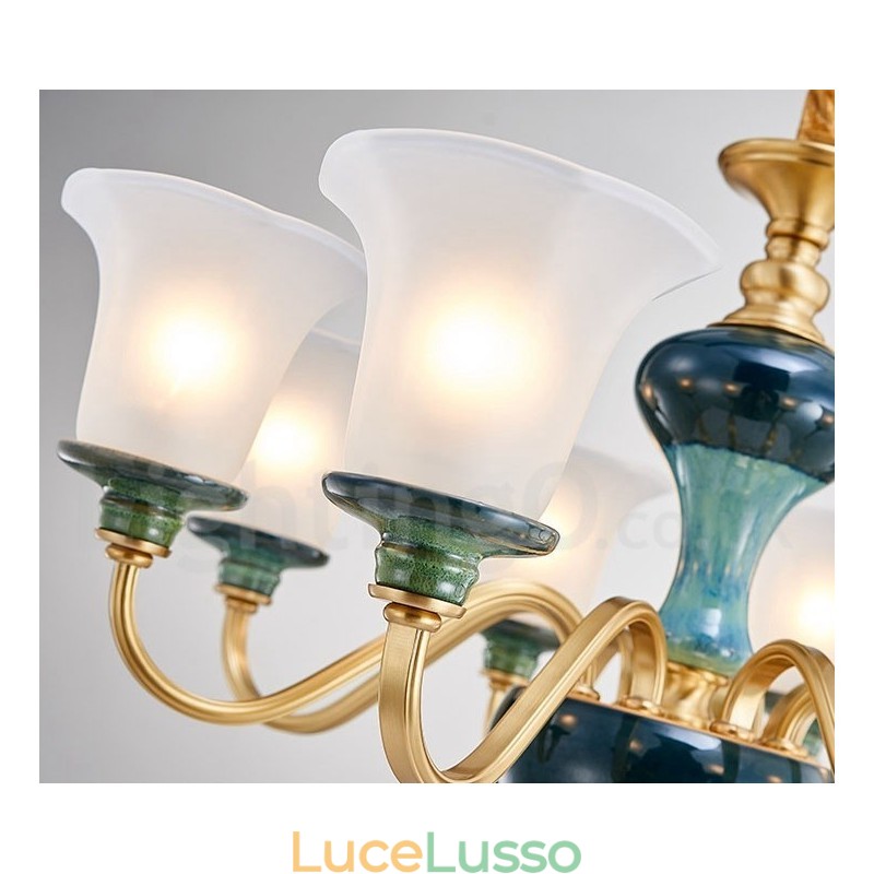 Lampadario a sospensione in ceramica in ottone retrò vintage con paralumi in vetro