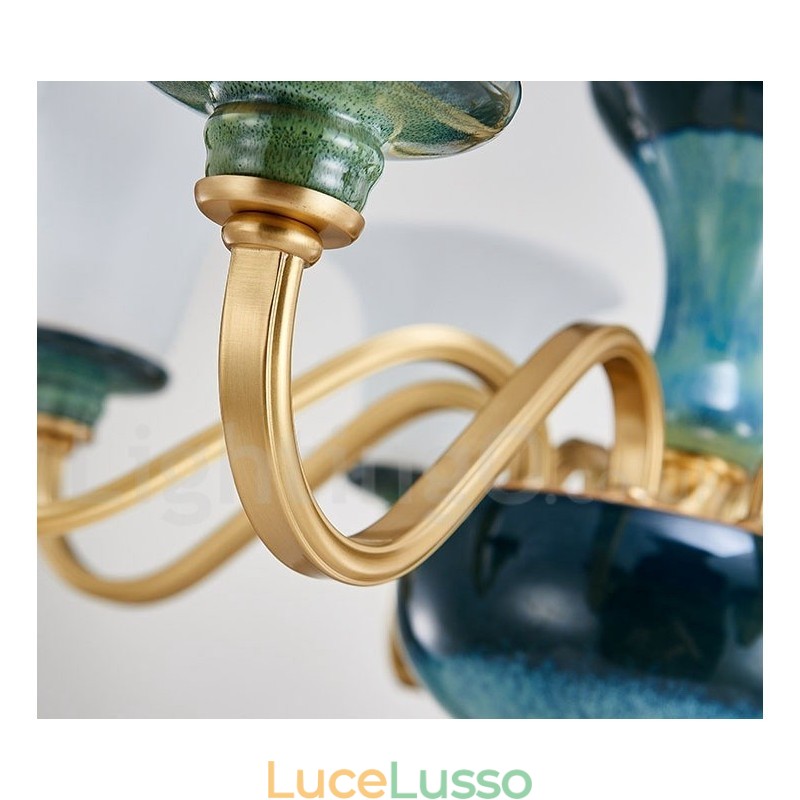 Lampadario a sospensione in ceramica in ottone retrò vintage con paralumi in vetro