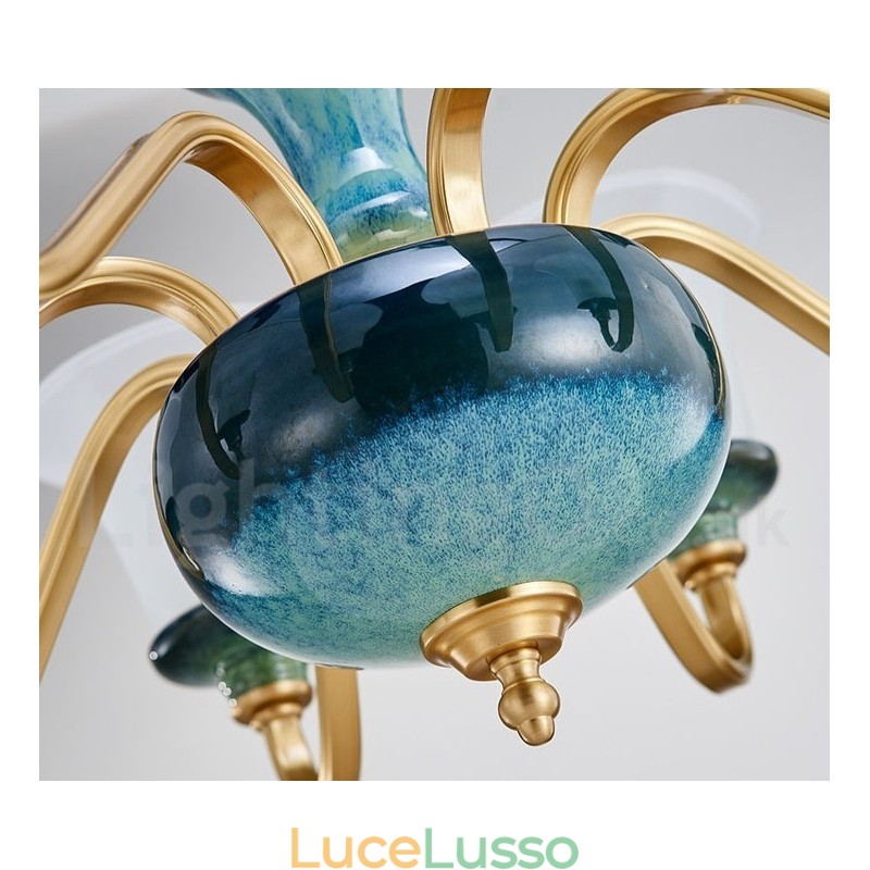 Lampadario a sospensione in ceramica in ottone retrò vintage con paralumi in vetro