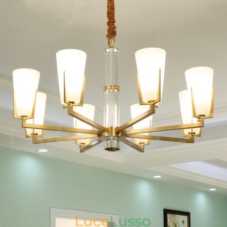 Lampadario a sospensione in cristallo di ottone retrò vintage con paralumi in vetro Lampadario a sospensione in cristallo di ottone retrò vintage con paralumi in vetro